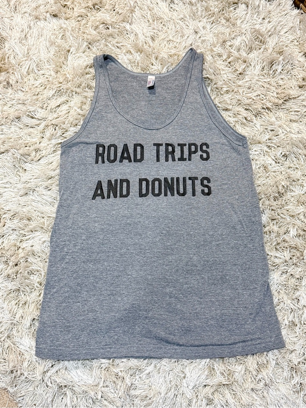 American Apparel Road Trips & Donuts Graphic Tank Top Heather Gray Medium - Picture 5 of 8